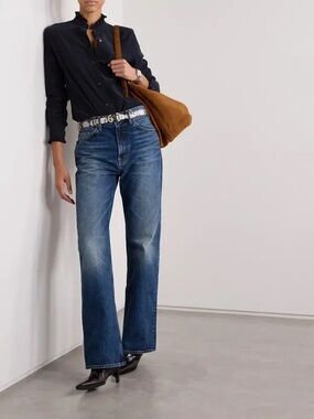 Nili Lotan Lydia Ruffled Cotton Corduroy Button Down Shirt Midnight Blue Large